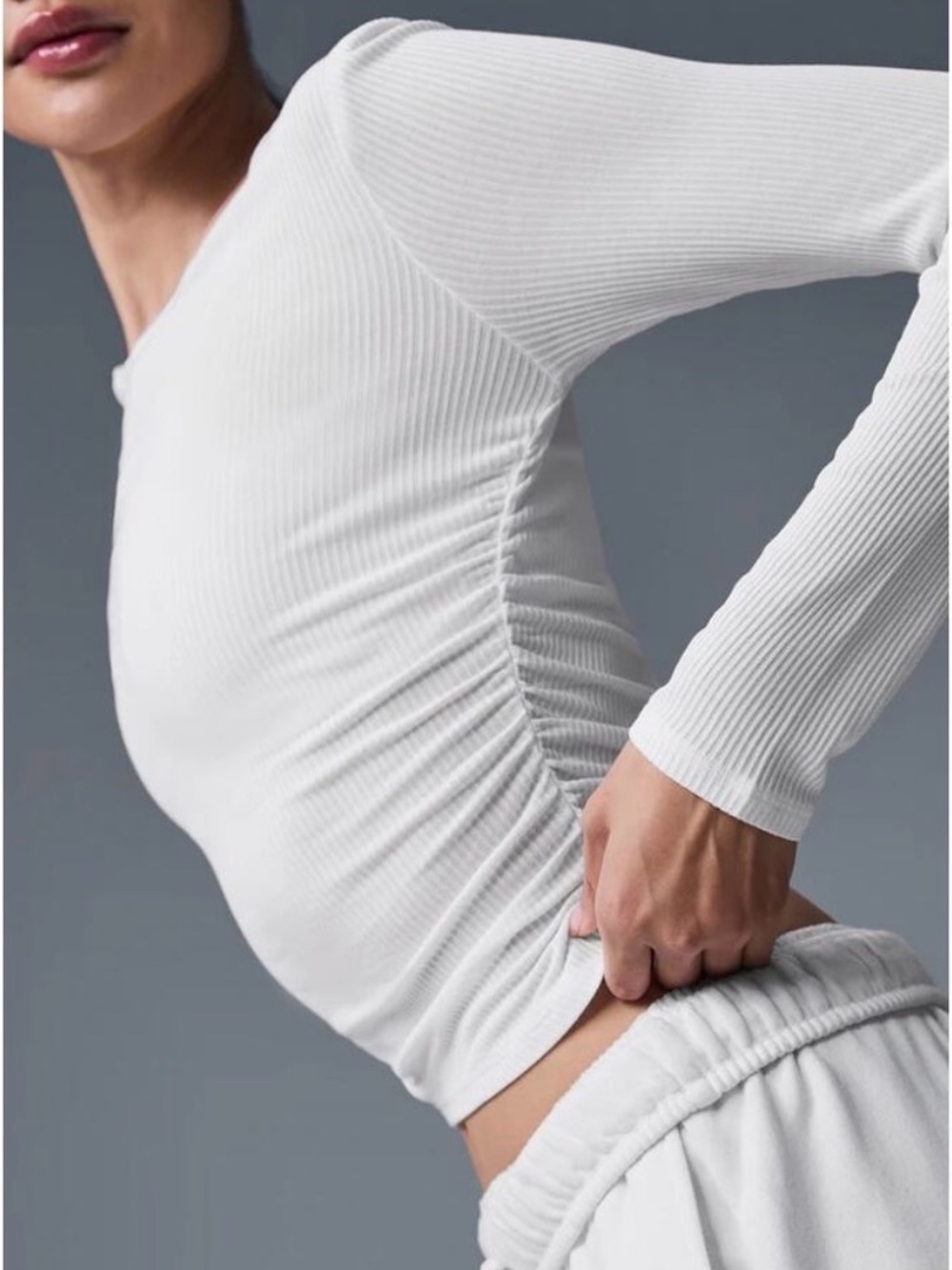 ALO Yoga White Ribbed Long-Sleeve Crew Top